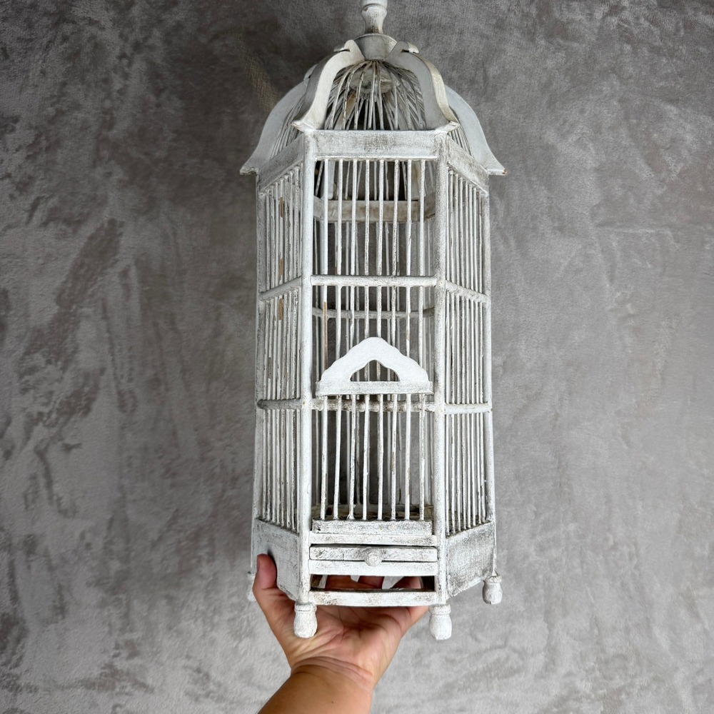 Vintage Distressed White Wood Hexagonal Decorative Bird Cage Hanging Decor 23in